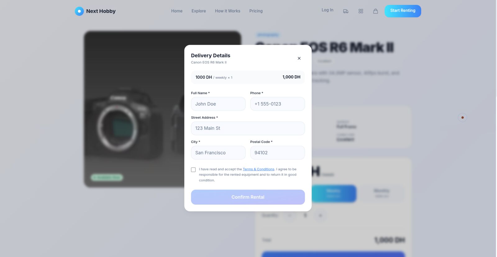 NextHobby — booking form