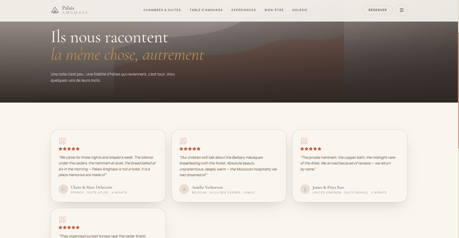 Palais Amghass — testimonials carousel